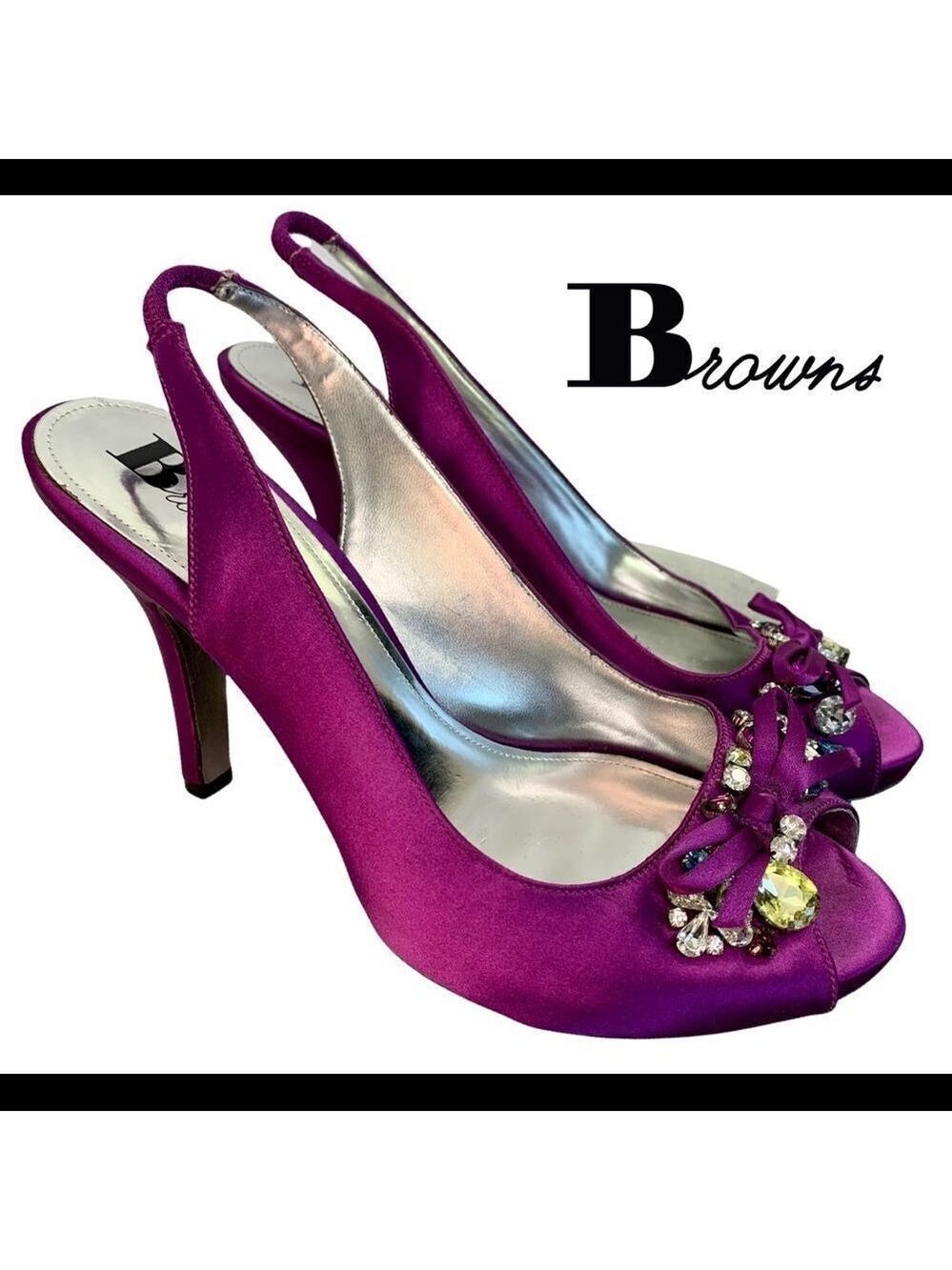BROWNS purple satin gem jewelled Rhinestone Embellished sling back high heels 7